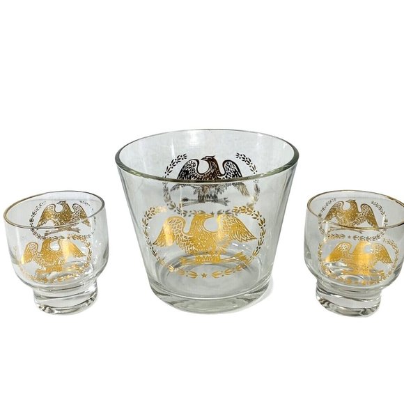 VTG MCM Barware Golden Eagle Crest Ice Bucket and Glass Set American Patriotic - Picture 4 of 15